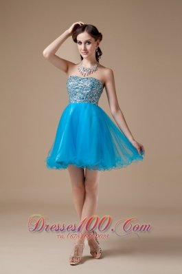 Low price Teal A-line Cocktail Dress Strapless Organza Beading Mini-length
